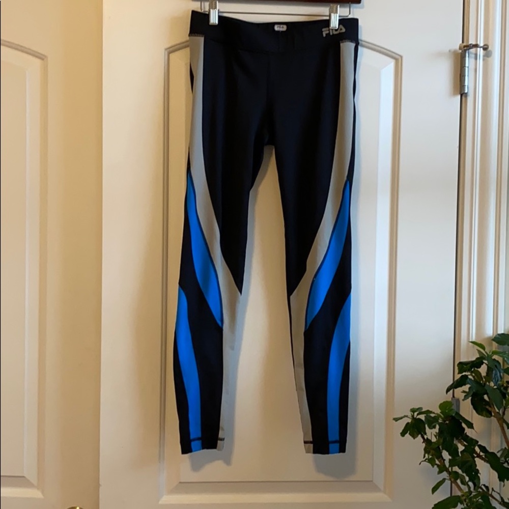 Fila workout leggings- black, silver and blue